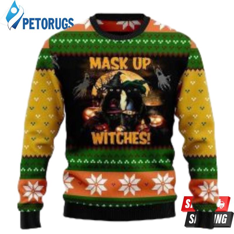 Black Cat Mask Up Witches Ugly Christmas Sweaters