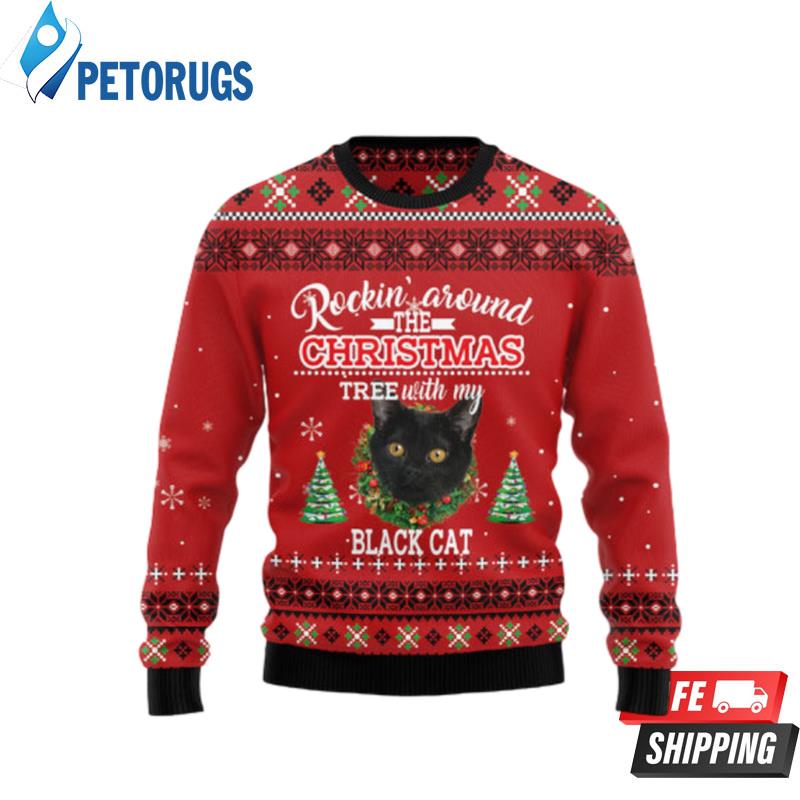 Black Cat Rockin' Ugly Christmas Sweaters