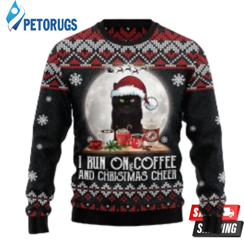 Black Cat Run On Coffee Ugly Christmas Sweater Ugly Christmas Sweaters