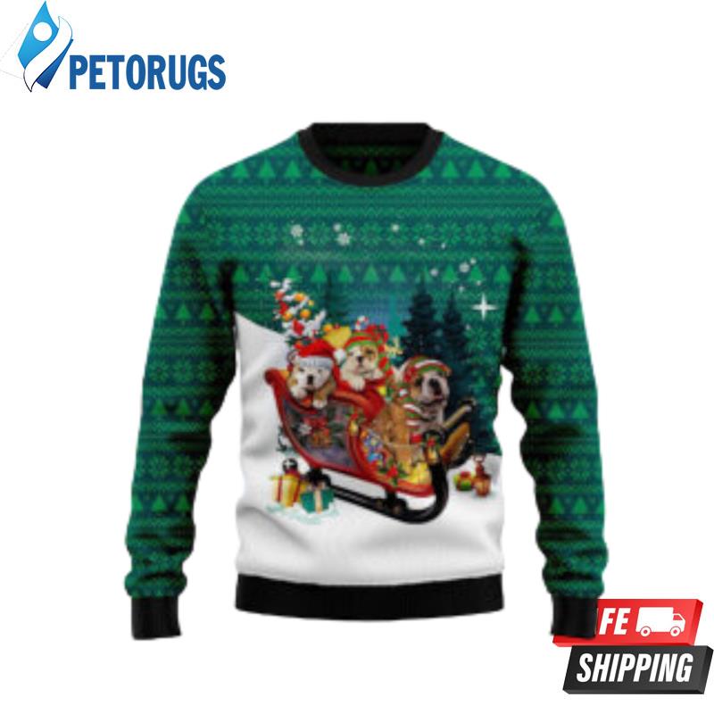 Bulldog Sleigh With Santa Funny Gift Ugly Christmas Sweaters