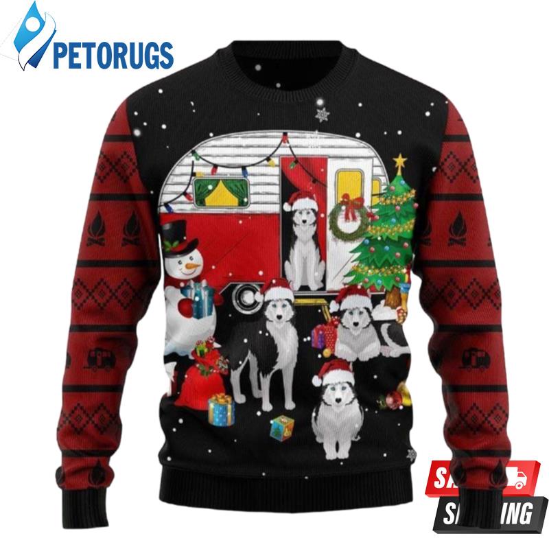 Camping Car And Siberian Husk Ugly Christmas Sweaters