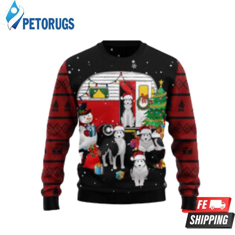 Camping Car And Siberian Husky Dog Ugly Christmas Sweaters