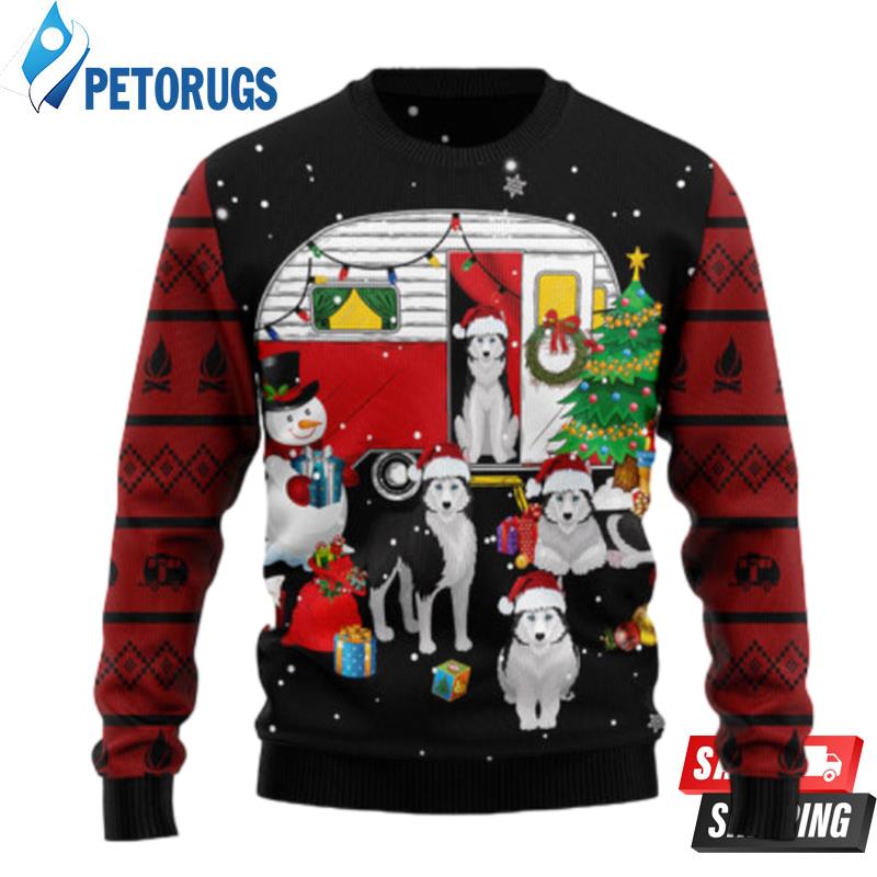 Camping Car And Siberian Husky Ugly Christmas Sweaters