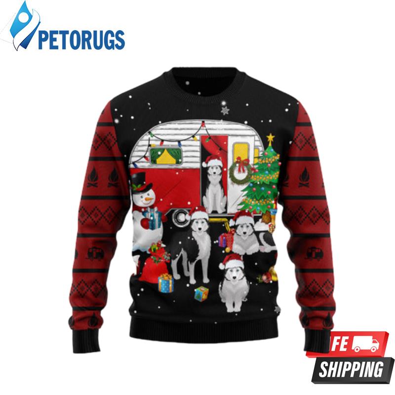 Camping Car And Siberian Husky Ugly Christmas Sweaters