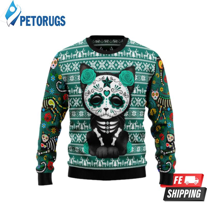 Cat Sugar Skull 2 Ugly Christmas Sweaters