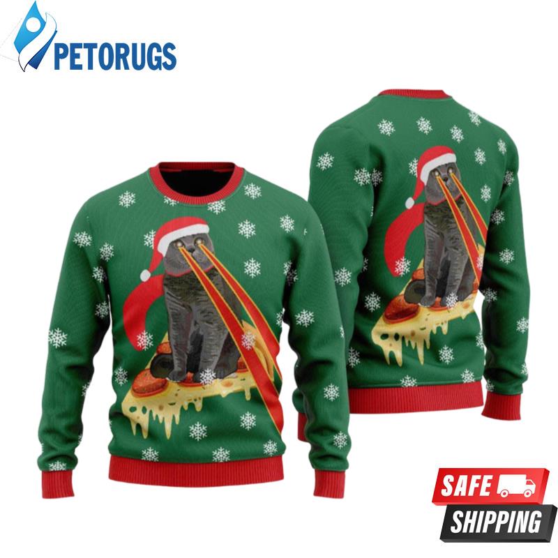 Cute Pizza Cat With Laser Eyes Ugly Christmas Sweaters