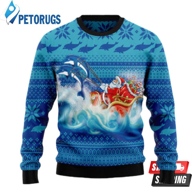 Dolphin Riding The Waves With Santa Ugly Christmas Sweaters
