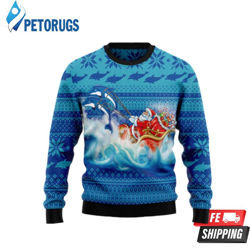 Dolphin Riding The Waves With Santa Ugly Christmas Sweaters