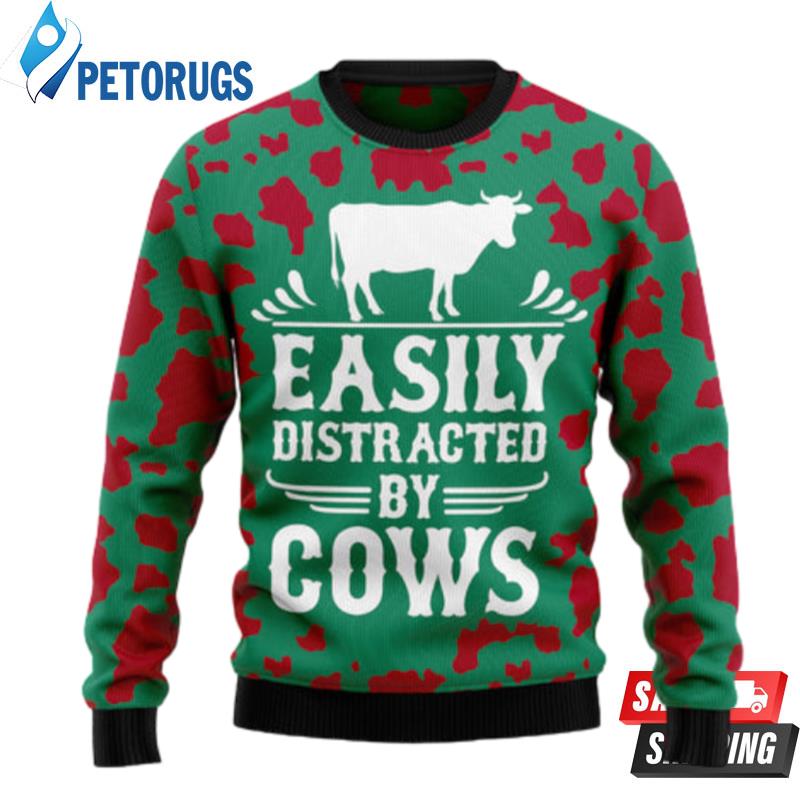 Easily Distracted By Cows Ugly Christmas Sweaters