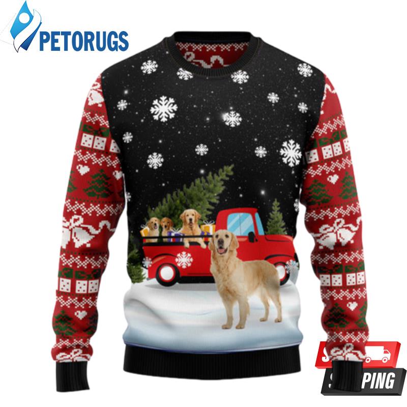 Golden Retriever Red Truck Ugly Christmas Sweaters