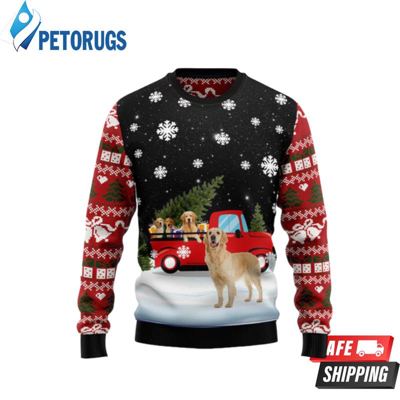 Golden Retriever Red Truck Ugly Christmas Sweaters