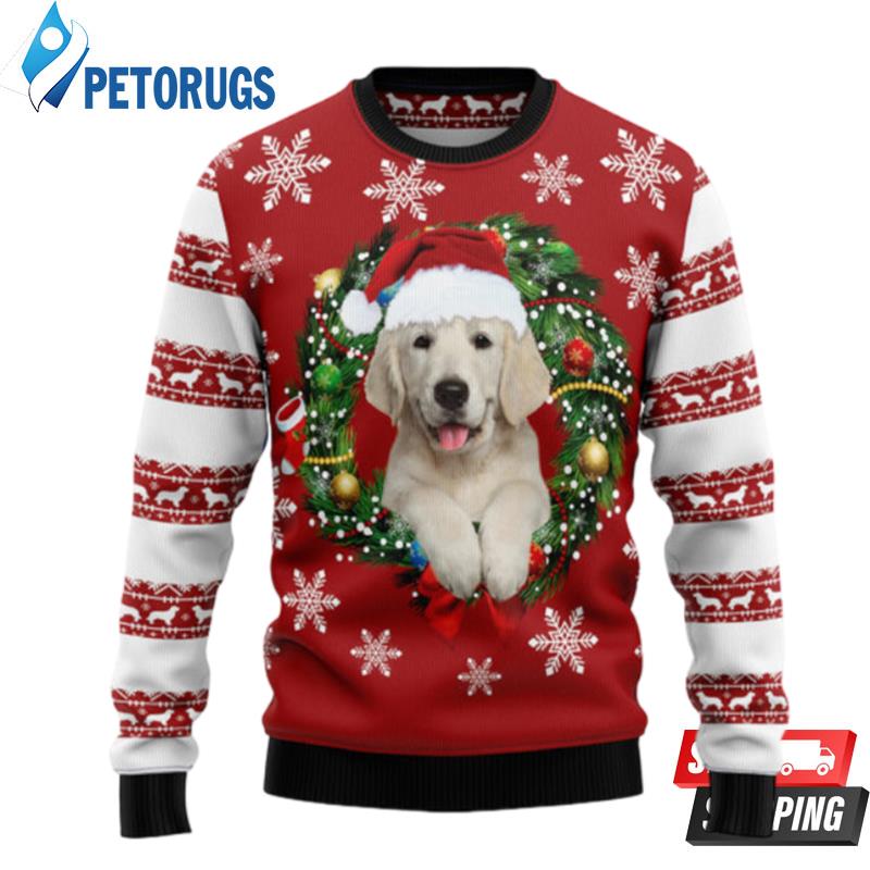 Golden Retriever Wearing Santa?S Hat Ugly Christmas Sweaters