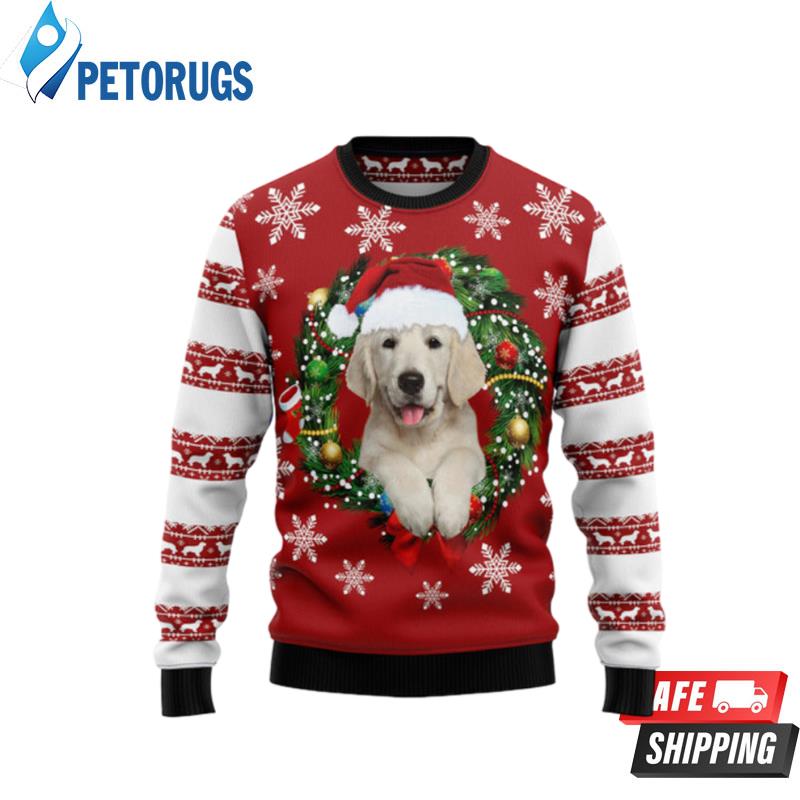 Golden Retriever Wearing Santa'S Hat Ugly Christmas Sweaters