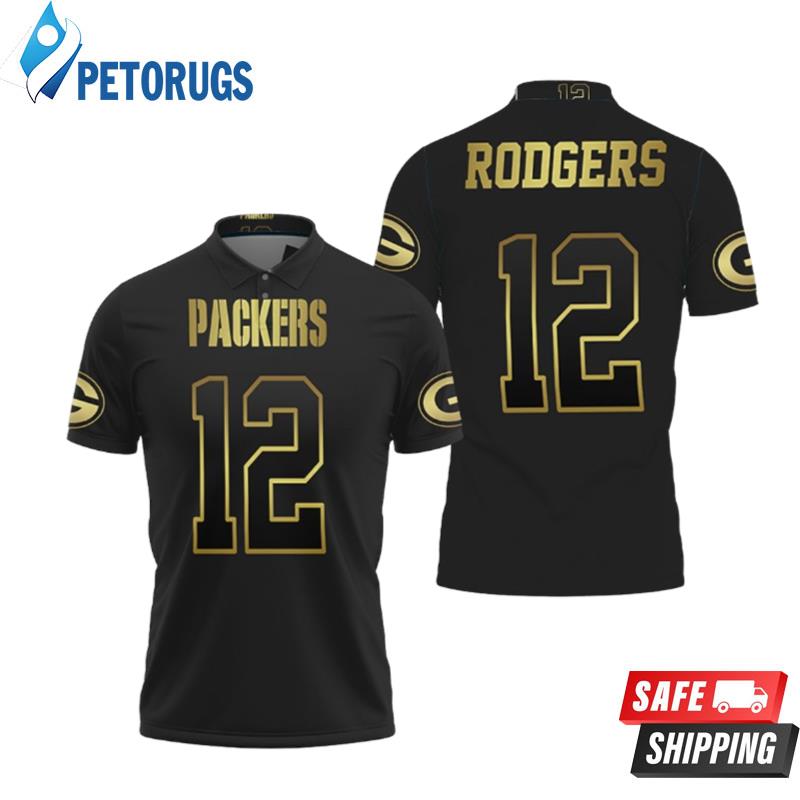 Green Bay Packers 12 Aaron Rodgers Black Golden Edition Inspired Polo Shirts