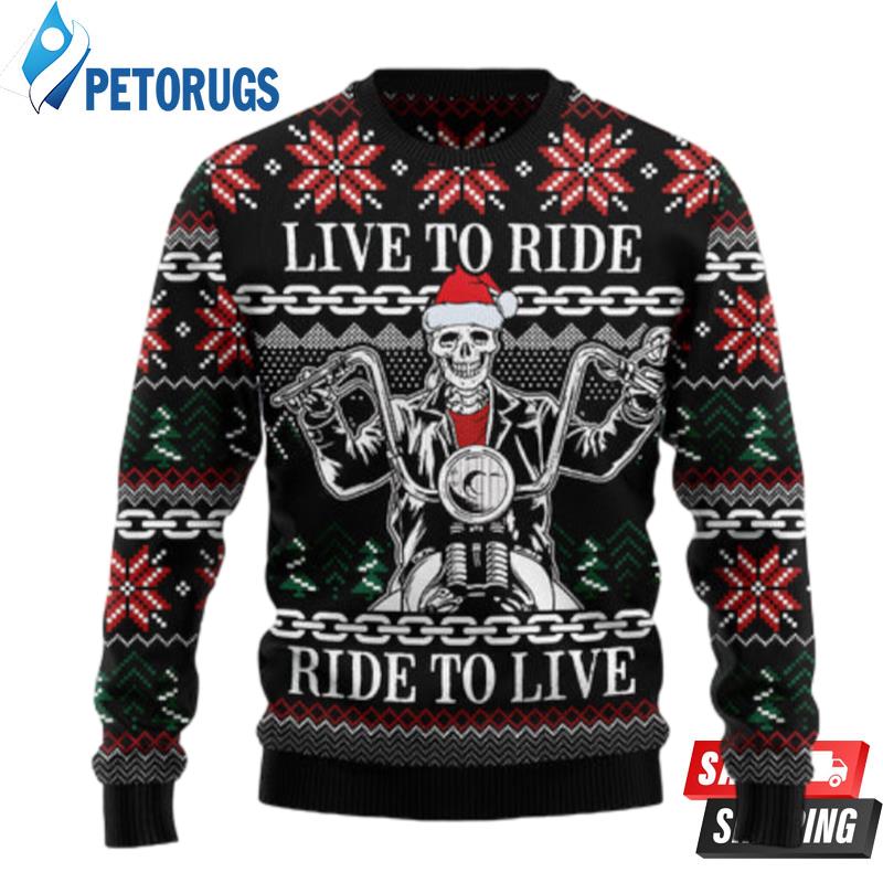 Live To Ride Motorbike Skeleton Ugly Christmas Sweaters