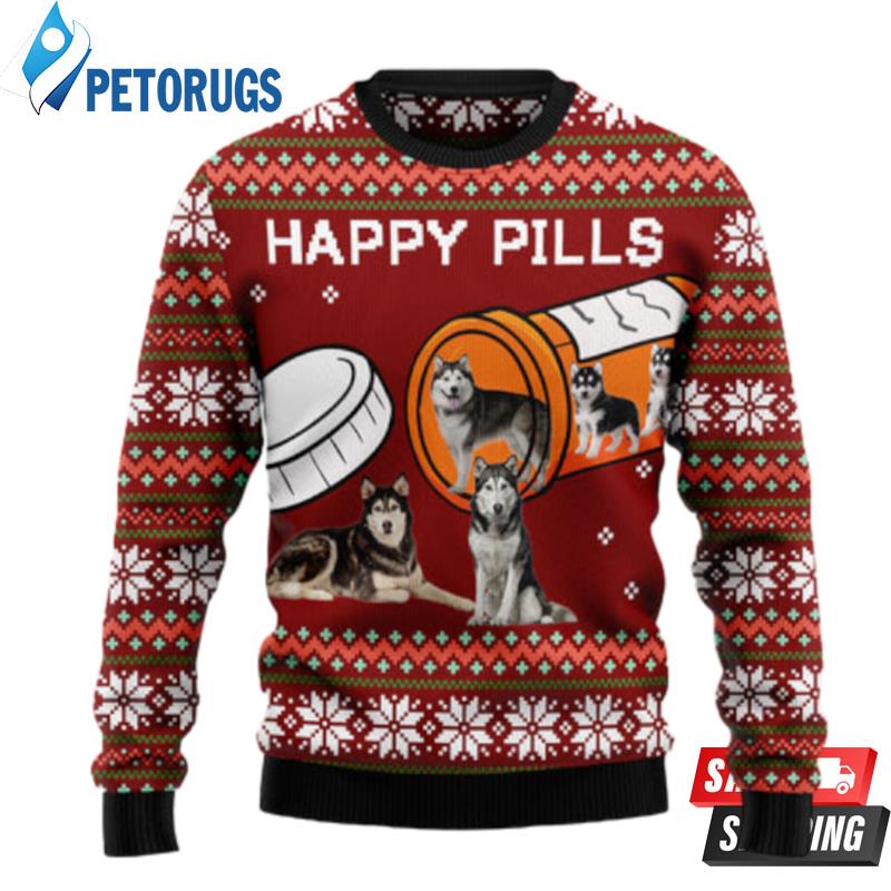 Merry Christmas Siberian Husky Happy Pills Ugly Christmas Sweaters