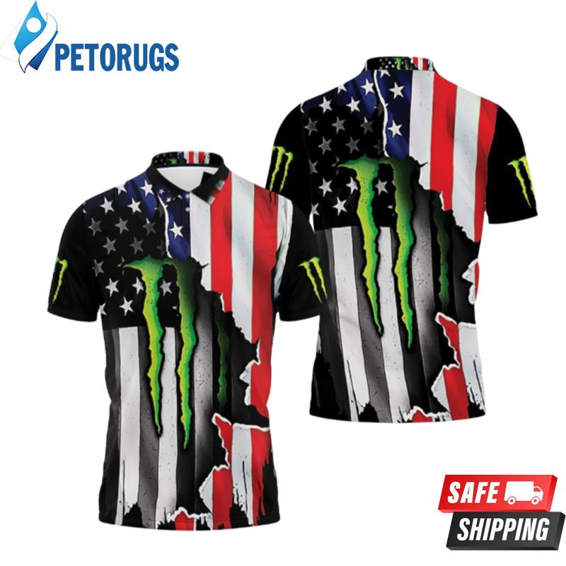 Monster Energy Ripped In American Flag Polo Shirts