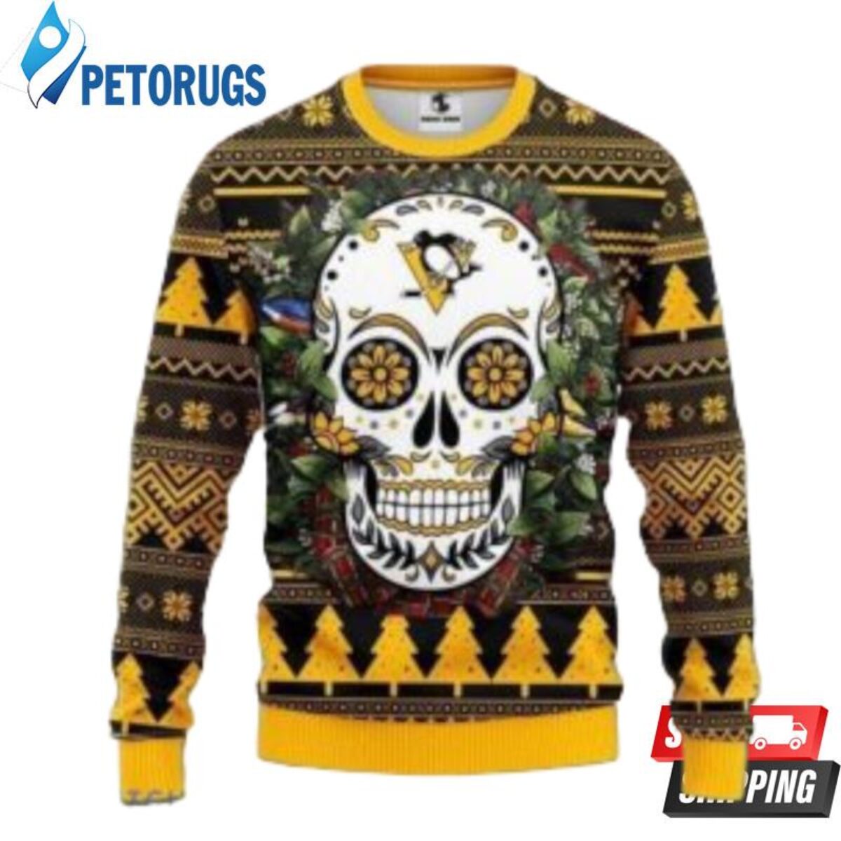 NHL Pittsburgh Penguins Skull Flower Ugly Ideas Logo Ugly Christmas Sweater  For Fans - Banantees