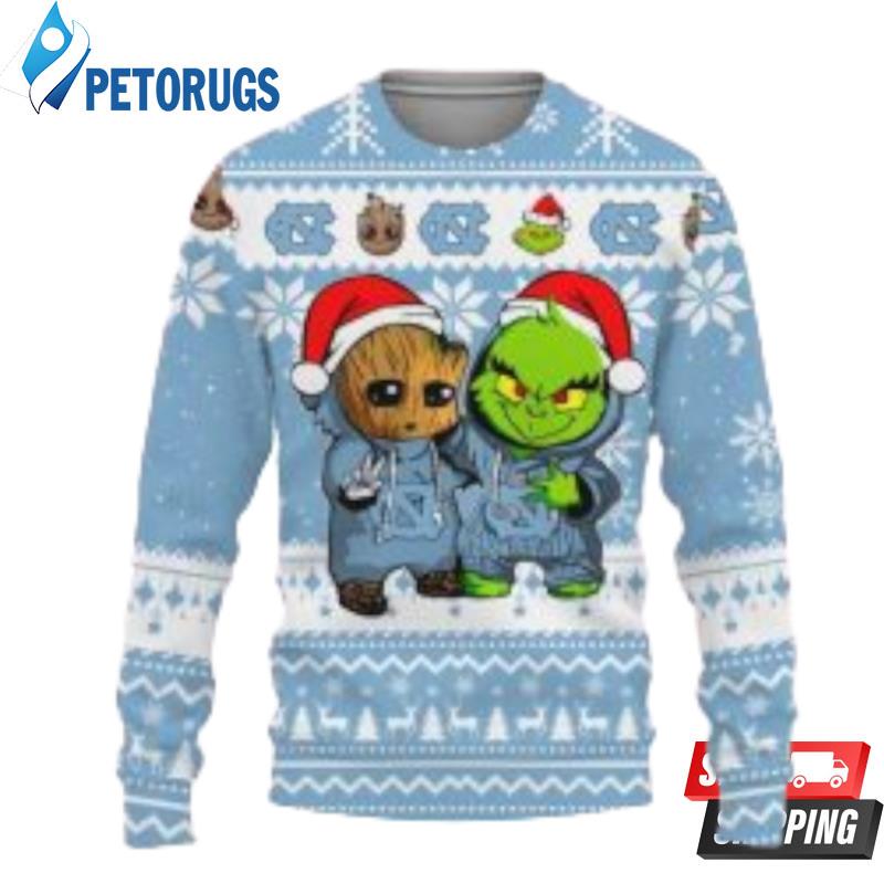 North Carolina Tar Heels Baby Groot And Grinch Ugly Christmas Sweaters