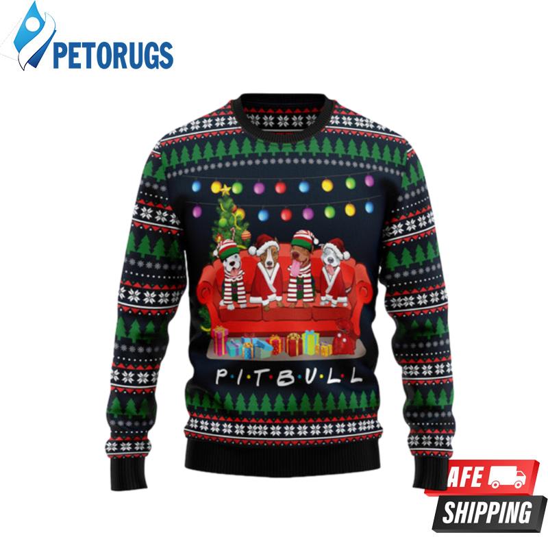 Pit Bull Friends On Red Sofa 1 Ugly Christmas Sweaters