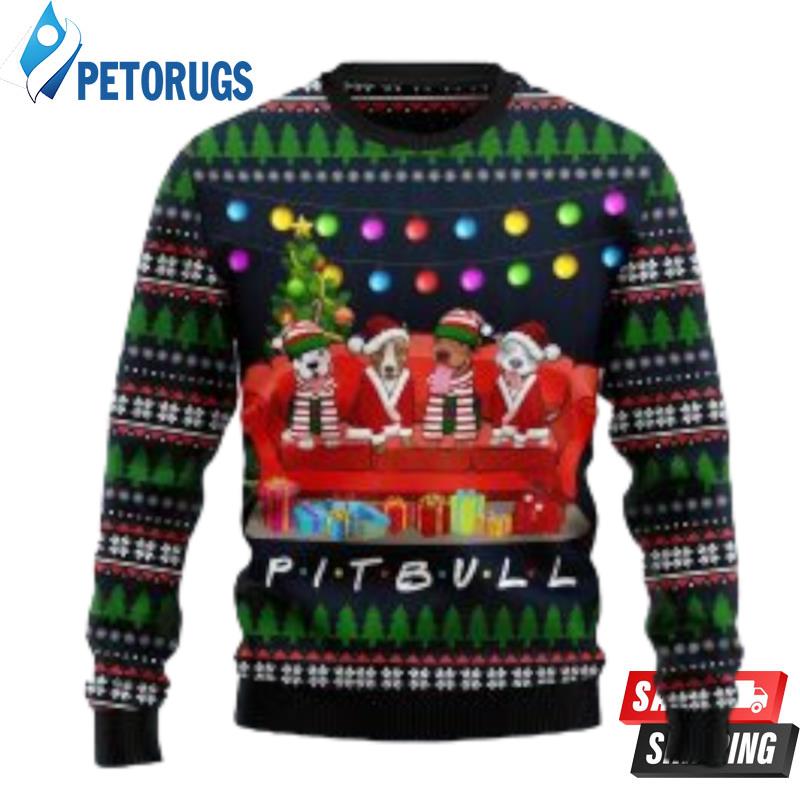 Pit Bull Friends On Red Sofa Ugly Christmas Sweater Ugly Christmas Sweaters