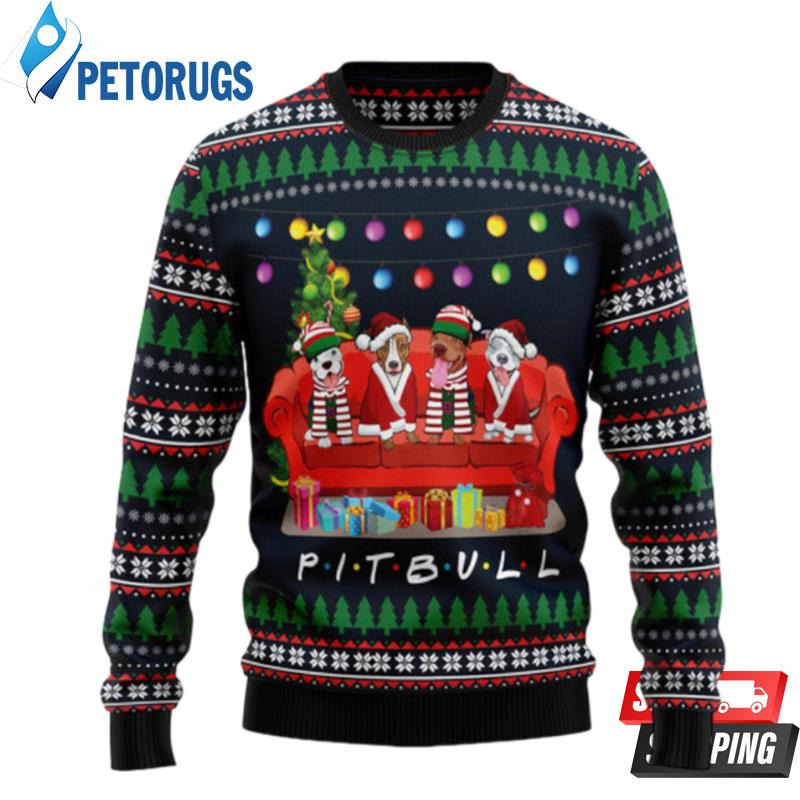 Pit Bull Friends On Red Sofa Ugly Christmas Sweaters