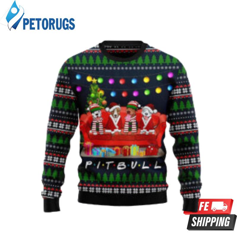 Pit Bull Friends On Red Sofa Ugly Christmas Sweaters