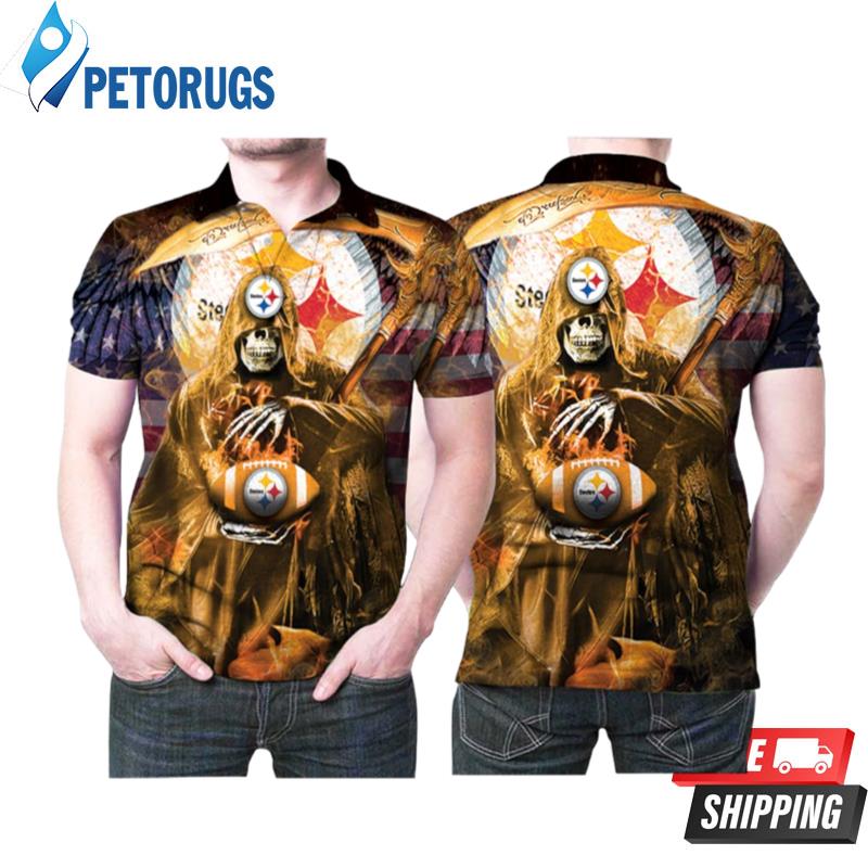 Pittsburgh Steelers Death Skull Holds Steelers Logo Ball Printed Polo Shirts