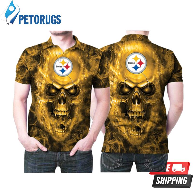 Pittsburgh Steelers Logo Fire Skull Printed Polo Shirts