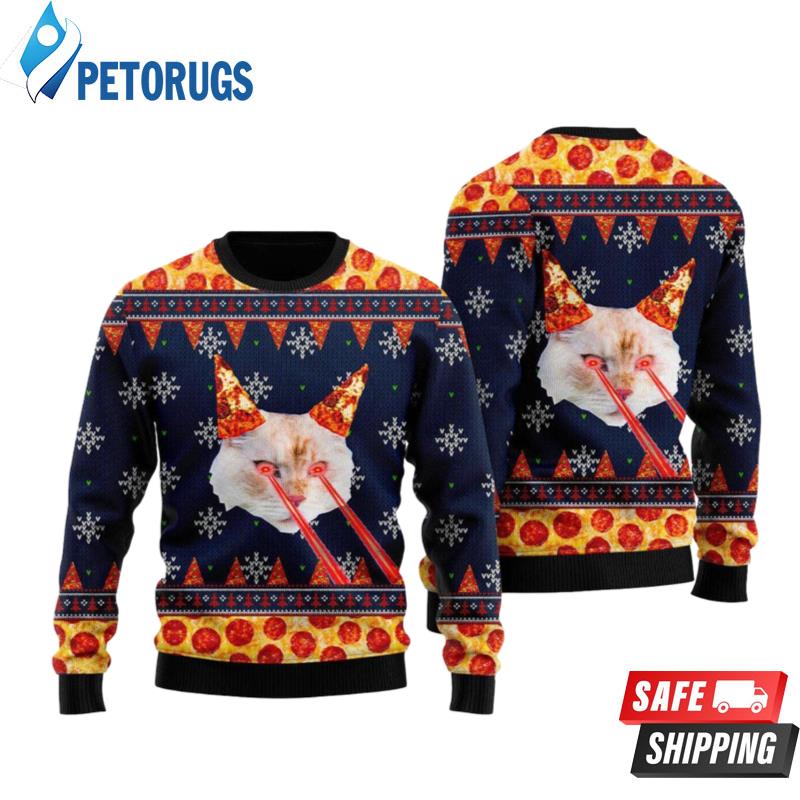 Pizza Cat With Laser Eyes Cuye Ugly Christmas Sweaters