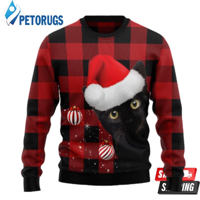 Plaid Pattern Black Cat Ugly Christmas Sweaters