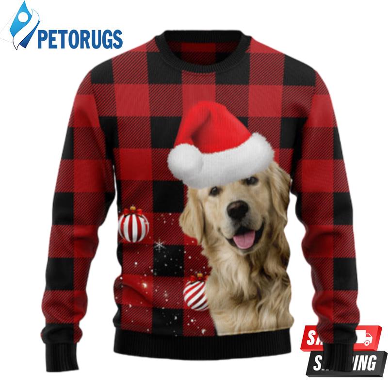 Plaid Pattern Golden Retriever Ugly Christmas Sweaters