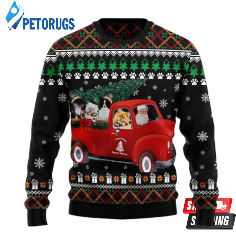 Pomeranian And Red Truck Ugly Christmas Sweaters