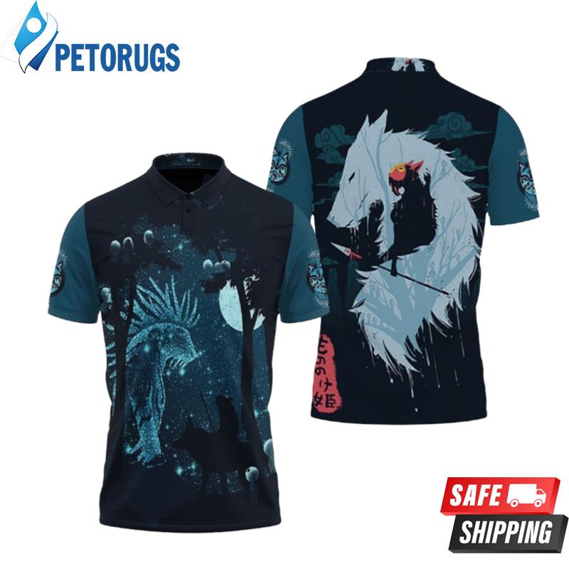 Princess Mononoke San And Her Wolf At Night Polo Shirts