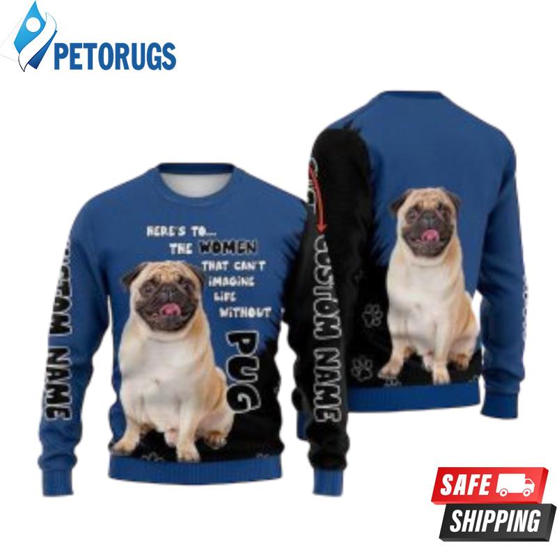 Pug Dog Lover Blue Black Knitted Ugly Christmas Sweaters