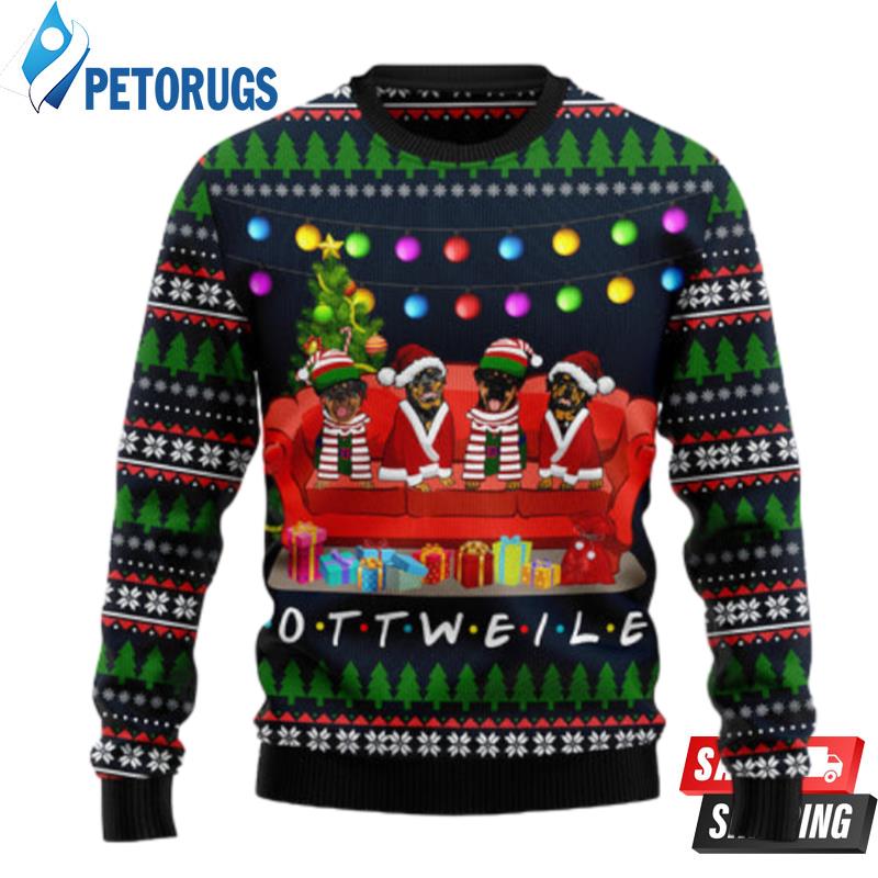 Rottweiler Friends On Red Sofa Ugly Christmas Sweaters