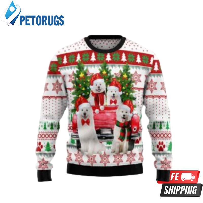 Samoyed Red Truck Ugly Christmas Sweaters