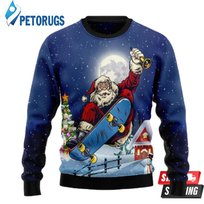 Santa Claus Playing Skateboard Ugly Christmas Sweaters