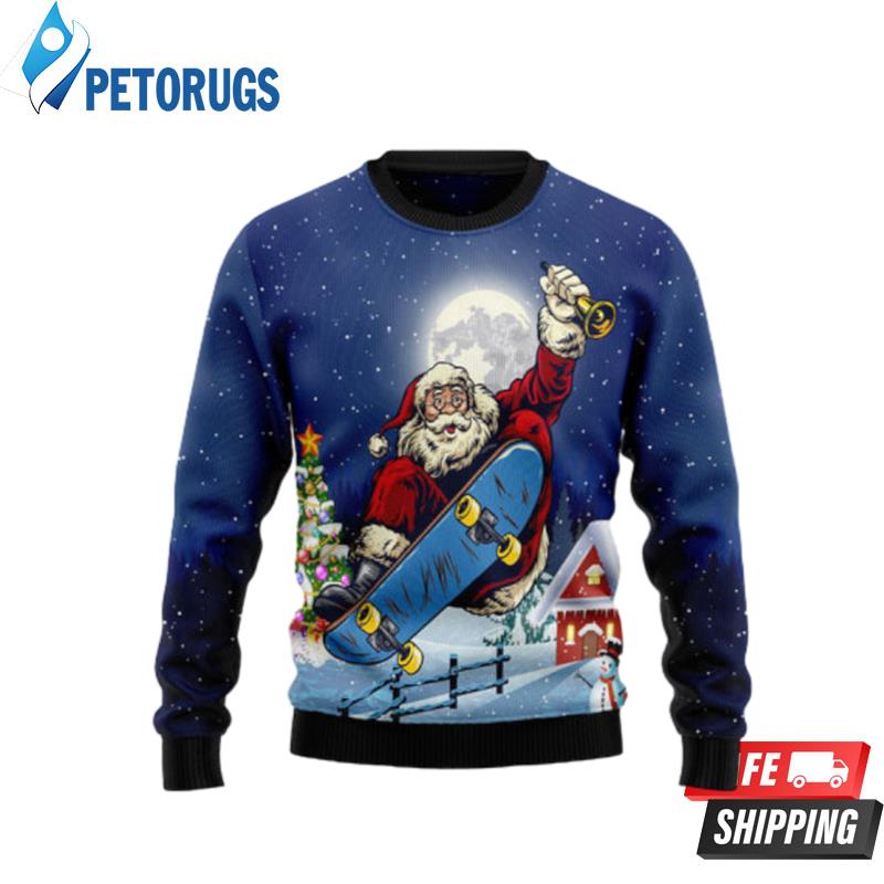 Santa Claus Playing Skateboard Ugly Christmas Sweaters