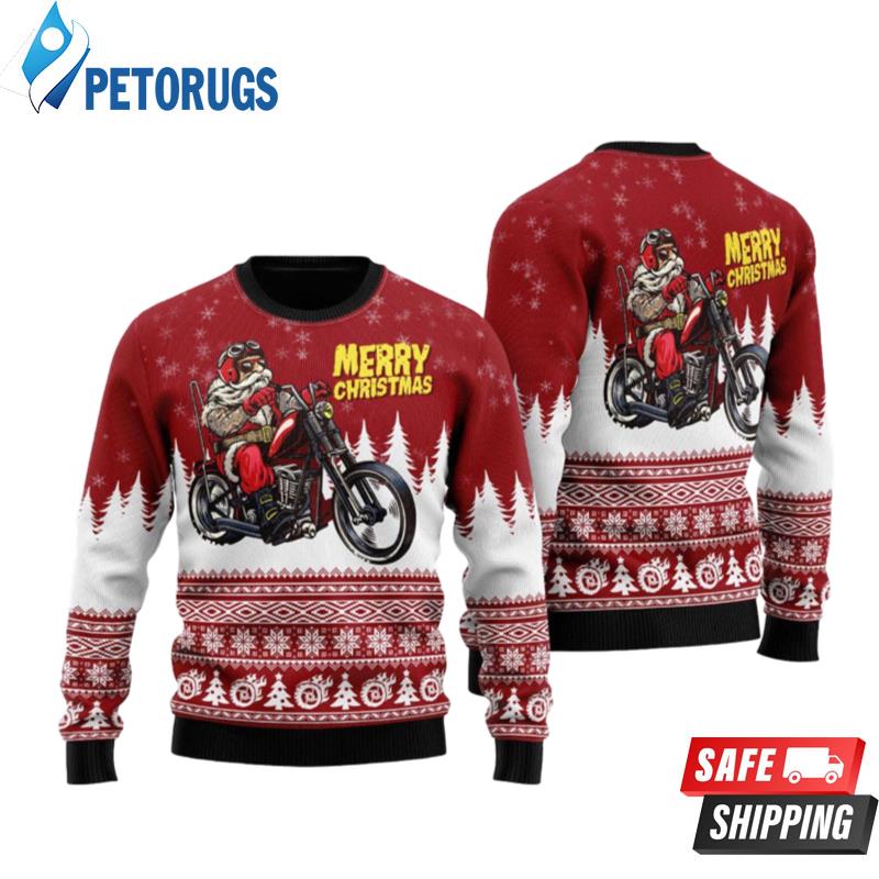 Santa Riding Motorbike To Holiday Cuye Ugly Christmas Sweaters