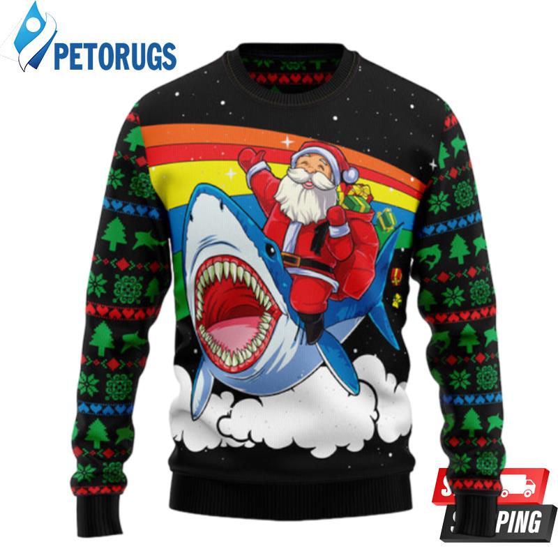 Santa Riding Shark Ugly Christmas Sweaters