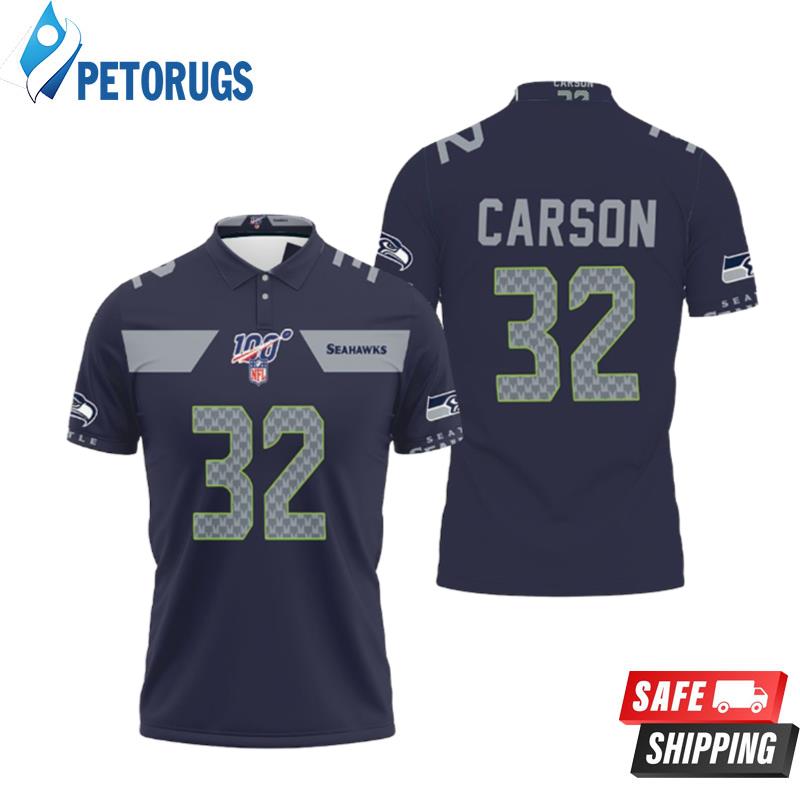 Seattle Seahawks Chris Carson #32 Nfl American Football Navy 100th Season Polo Shirts