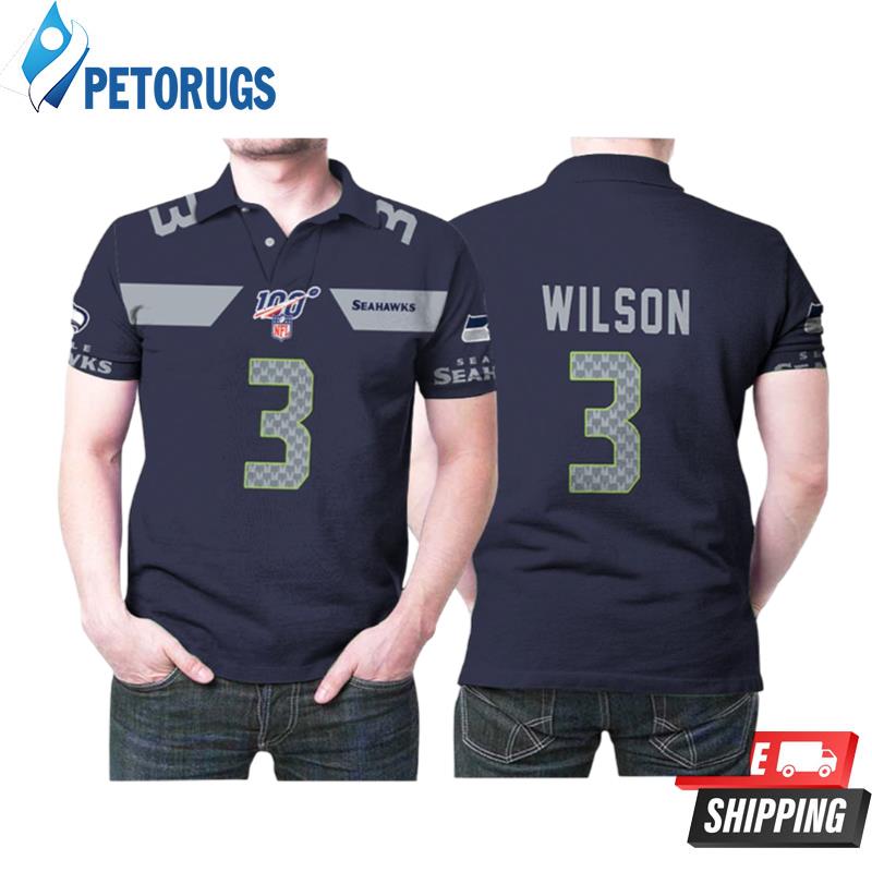 Seattle Seahawks Russell Wilson #3 Nfl American Football Navy 100th Season Polo Shirts