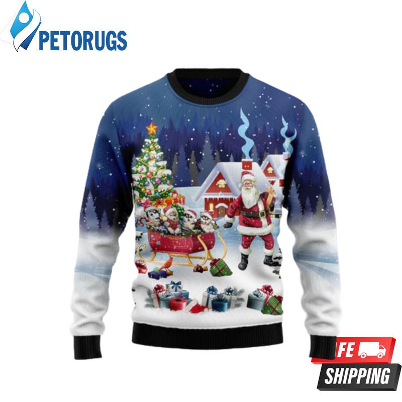 Siberian Husky Santa Sled Ugly Christmas Sweaters