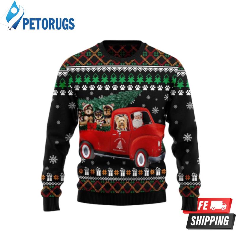 Yorkshire Terrier And Red Truck Ugly Christmas Sweaters