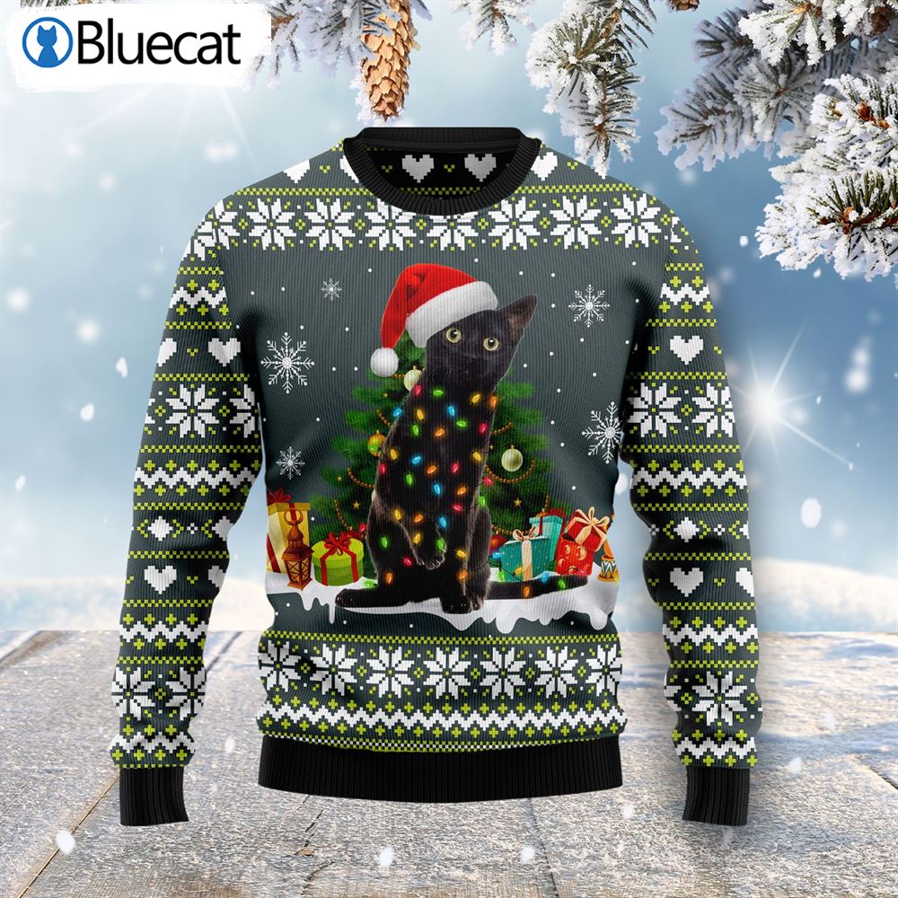 Black Cat Merry And Bright Ugly Christmas Sweaters