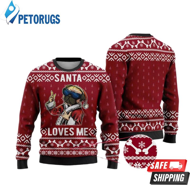 Bulldog Santa Loves Me Christmas Gift Red Ugly Christmas Sweaters