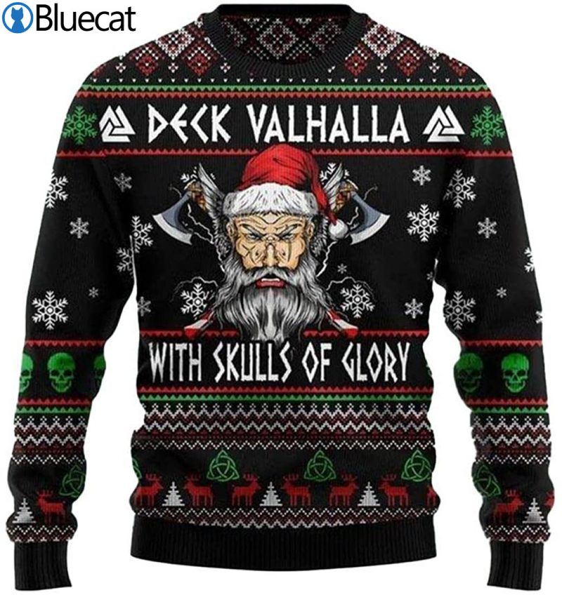 Viking Deck Valhalla With Skulls Of Glory Ugly Christmas Sweaters