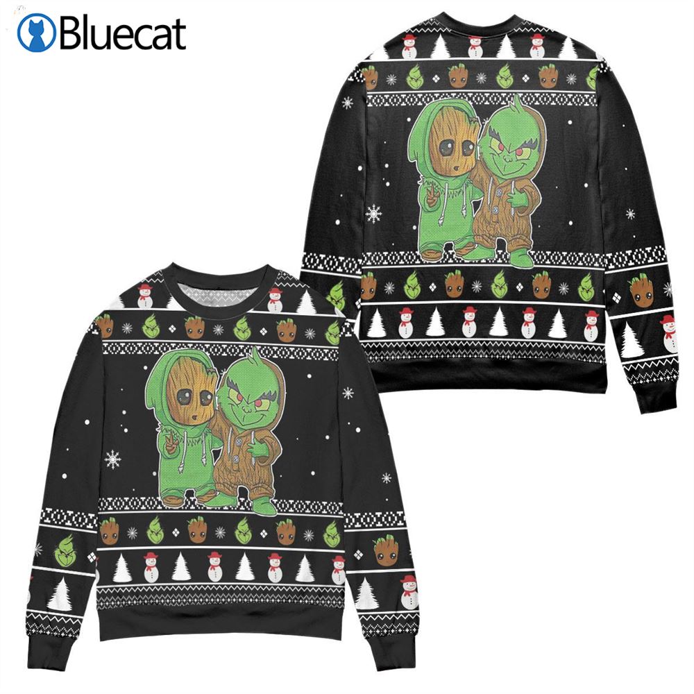 Baby Groot And Grinch Snowman Pattern Claus Ugly Christmas Sweaters