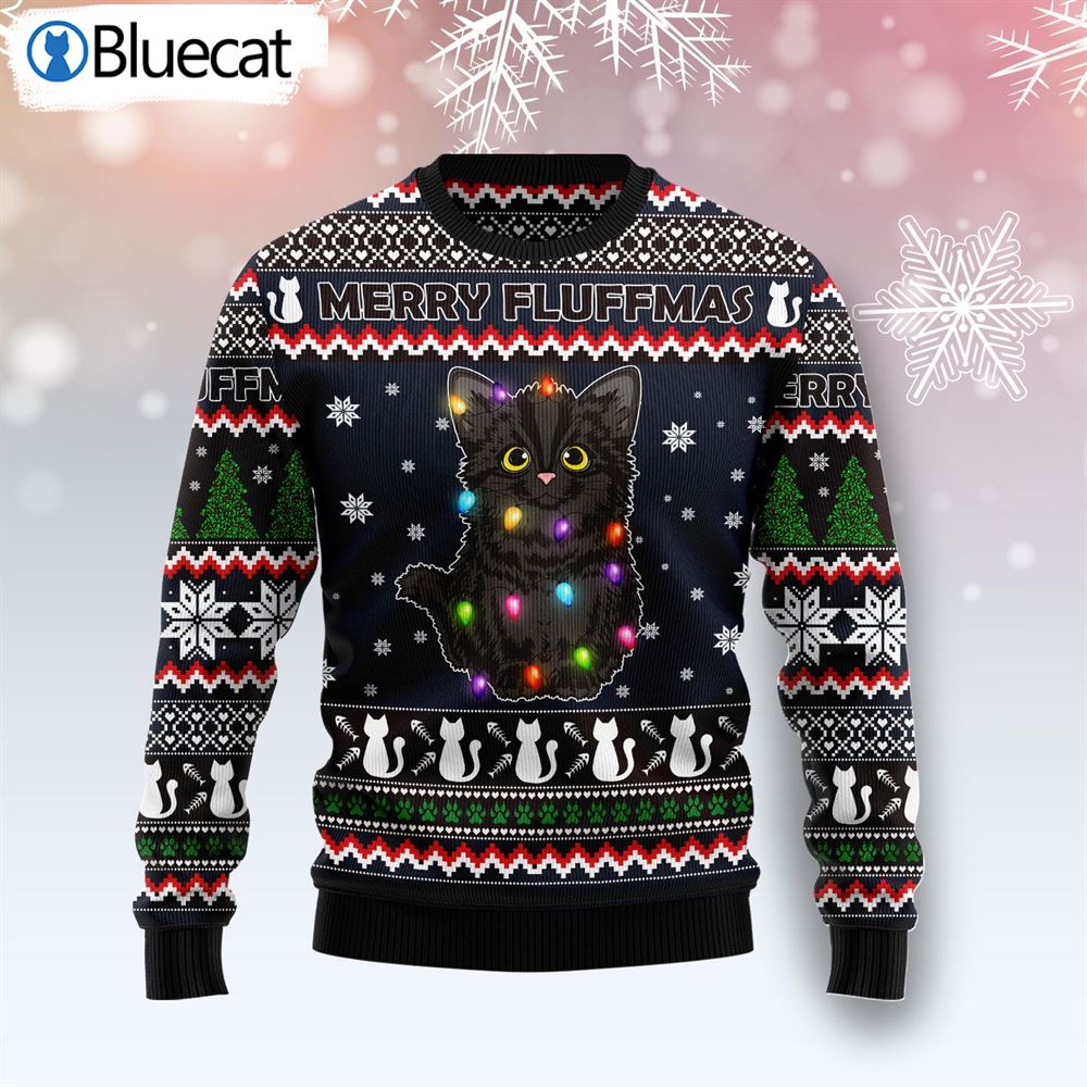 Black Cat Fluffmas Ugly Christmas Sweaters